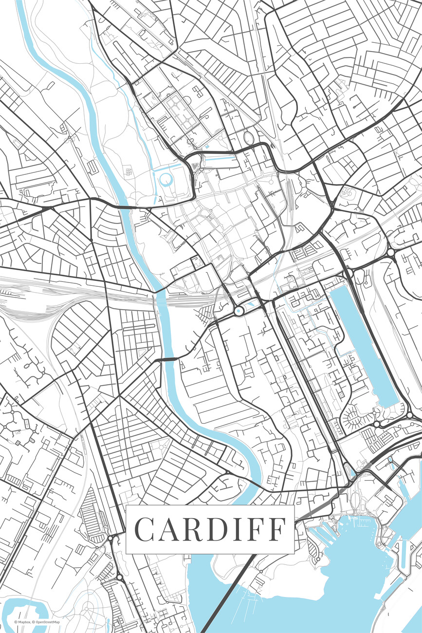 Kartta Cardiff white ǀ Kaikki kaupunkikartat ja maailmankartat seinälle