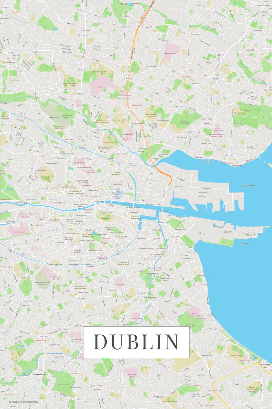 Map of Dublin color ǀ Maps of all cities and countries for your wall