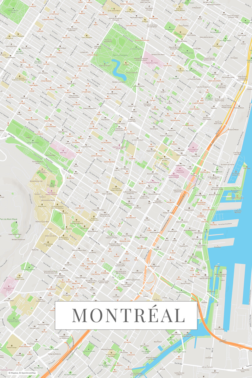 Map of Montreal color ǀ Maps of all cities and countries for your wall