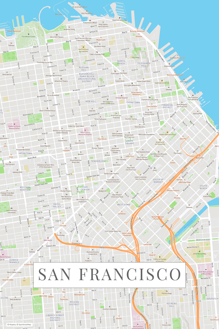 Kartta San Francisco color ǀ Kaikki kaupunkikartat ja maailmankartat  seinälle