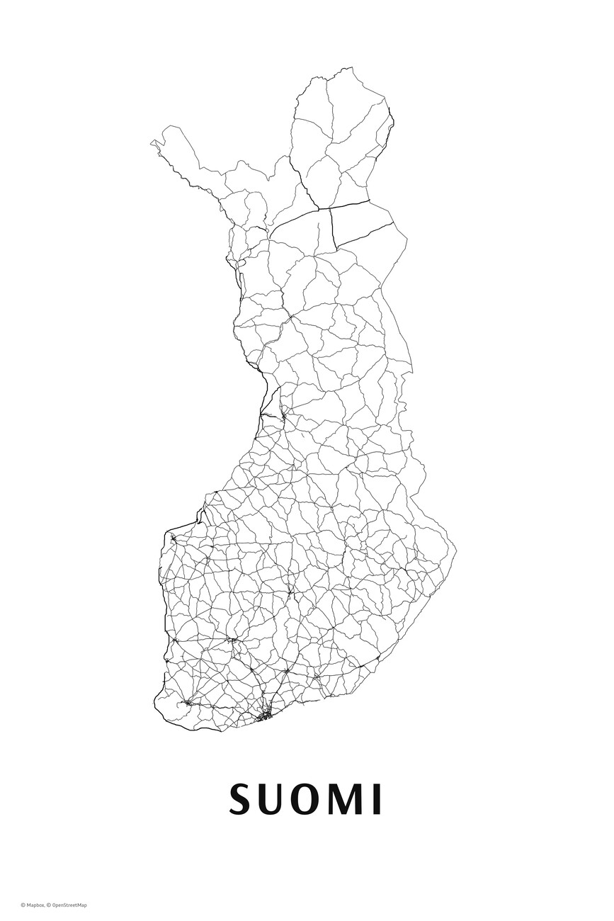 Kartta Suomi black & white ǀ Kaikki kaupunkikartat ja maailmankartat  seinälle