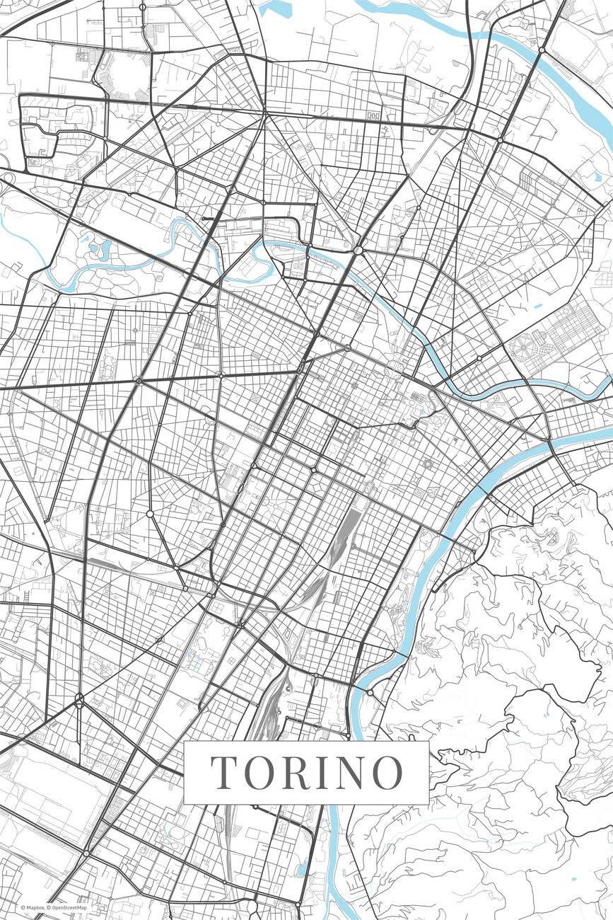 Kartta Torino white ǀ Kaikki kaupunkikartat ja maailmankartat seinälle