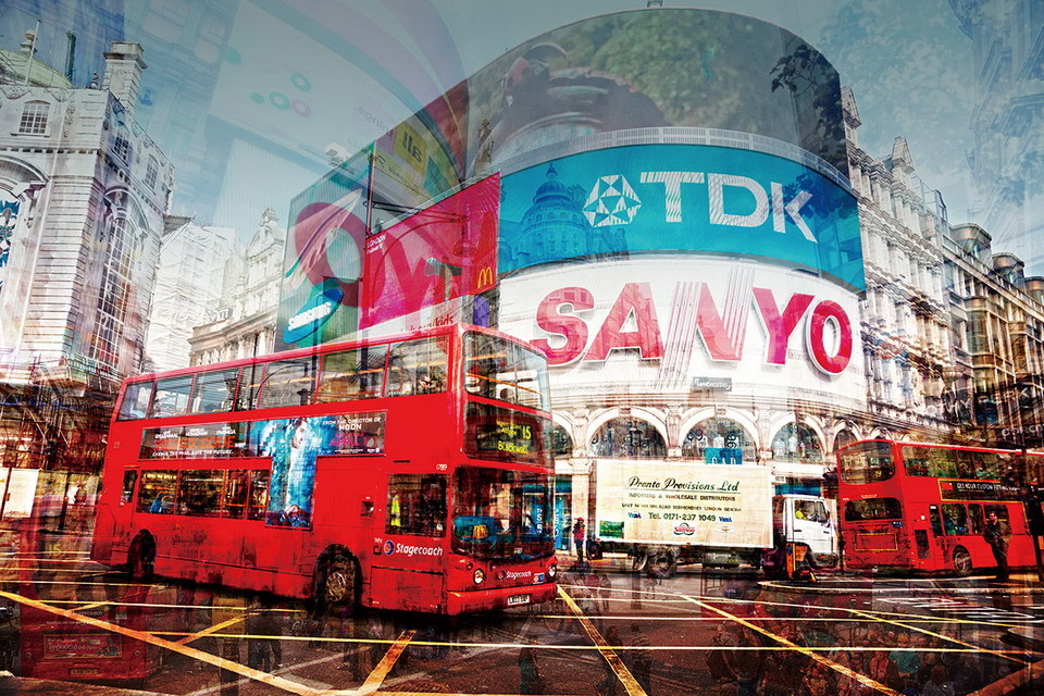 Wall Glass Art London Picadilly Circus Collage Buy at UKposters.eu