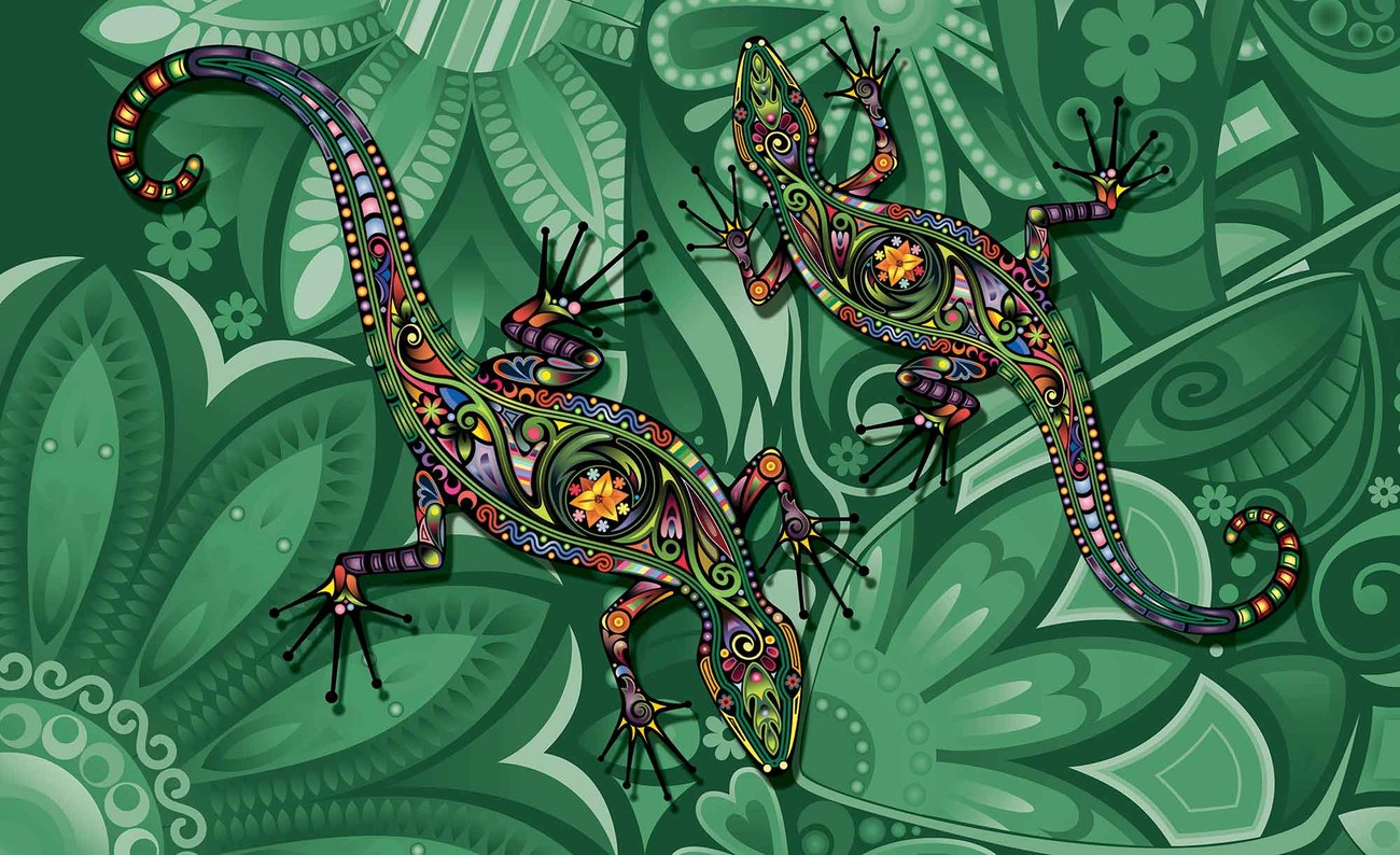 Lizards Flowers Abstract Colours Wallpaper Mural.