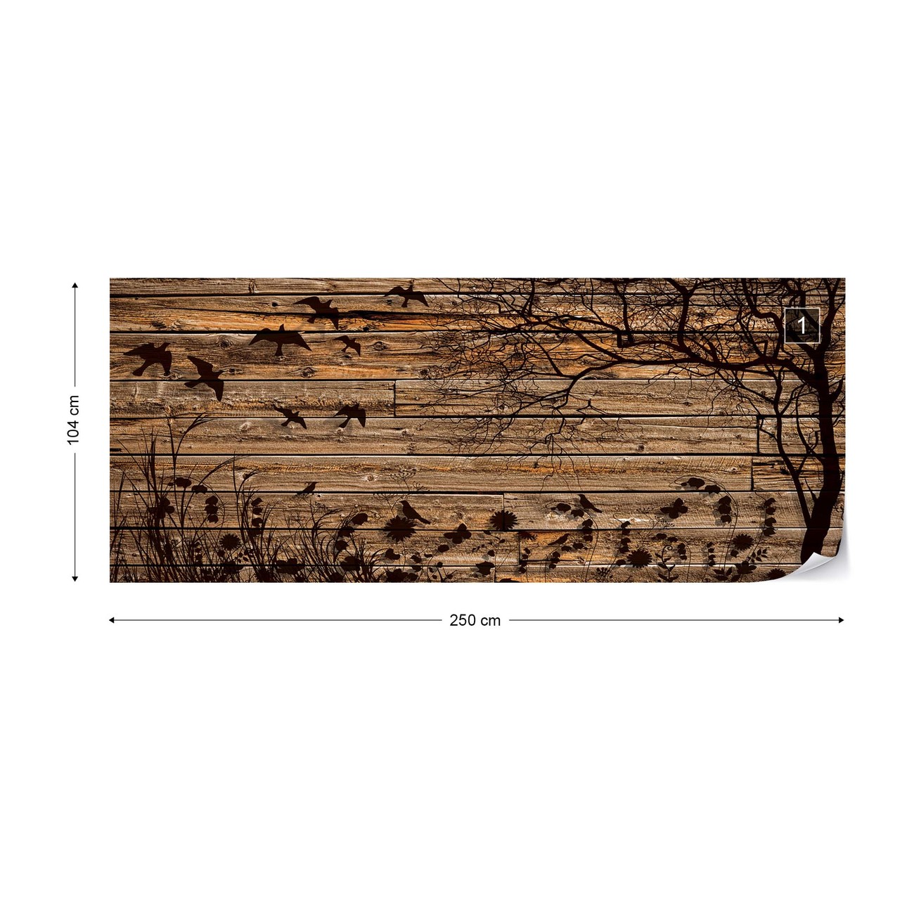 Rustic Birds And Tree Silhouette Wood Plank Texture Wall Paper Mural