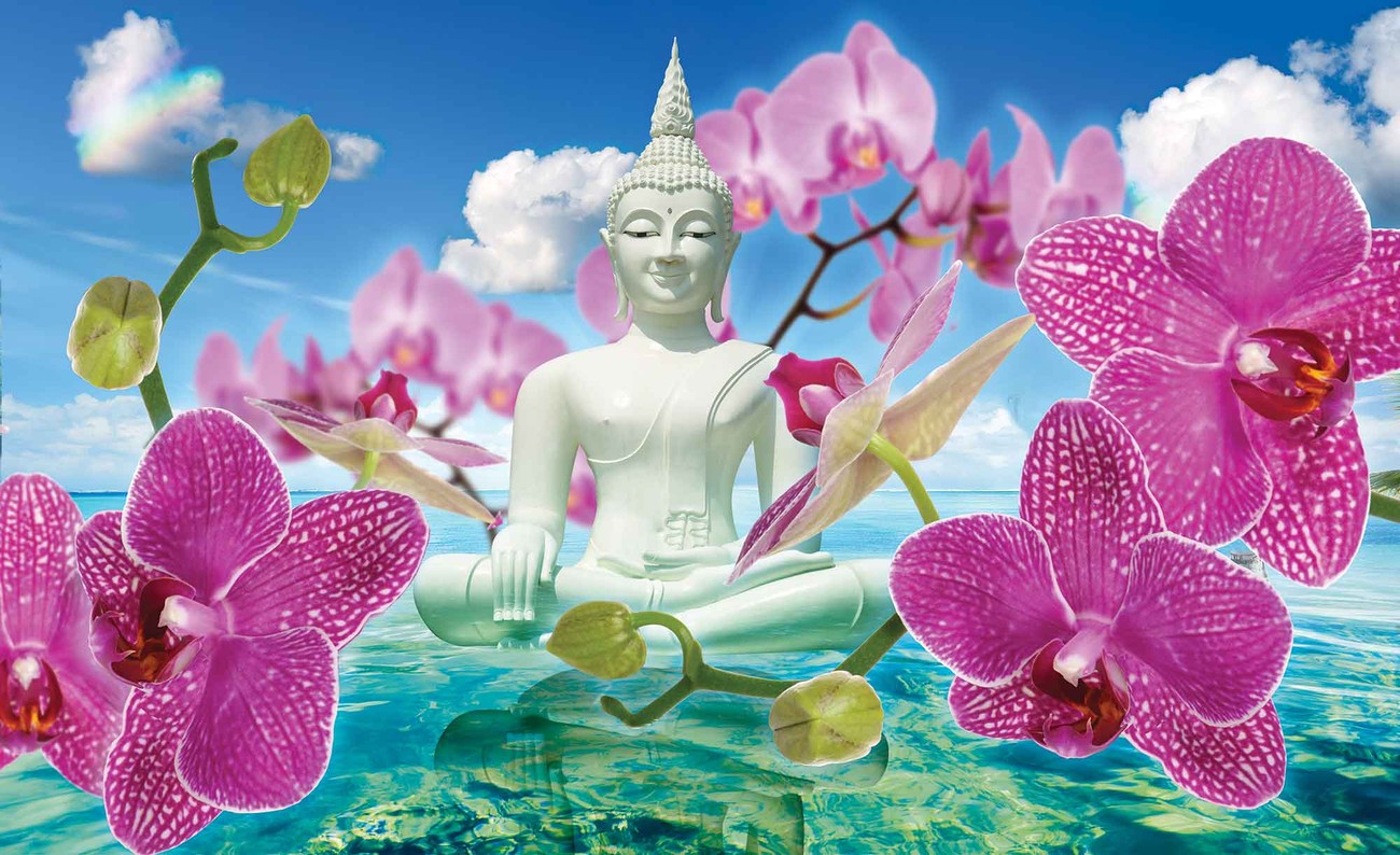 Zen Flowers  Orchids Buddha  Water Sky Wall Paper Mural 