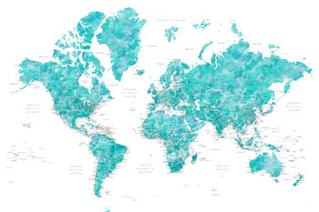 Map Aquamarine watercolor world map with cities, Caribbean waters