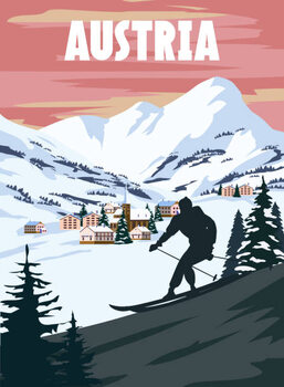 Illustration Austria Ski resort poster, retro. Alpes
