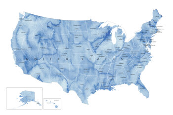 Kartta Blue watercolor map of the US with state capitals
