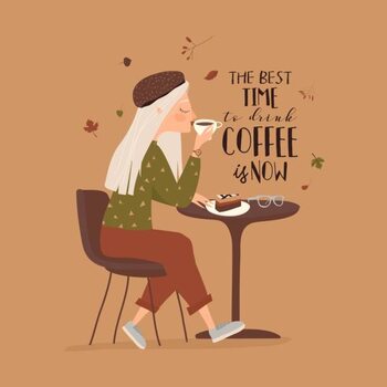 Ilustração Cartoon beautiful girl drinking coffee at cafe