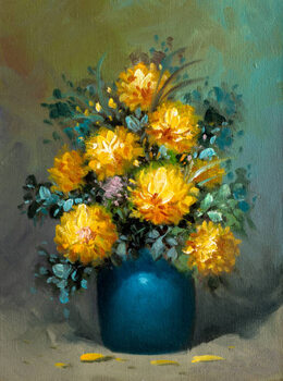 Illustration Chrysanthemum Bouquet in Blue Vase Oil Painting