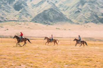 Impressão de arte Cowboys And Cowgirls Riding A Horse In Nature