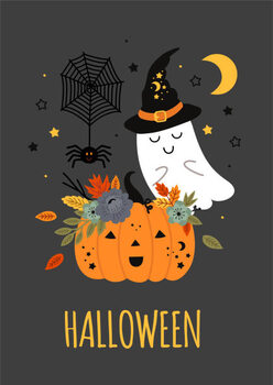 Impressão de arte cute halloween poster with pumpkin, ghost and spider