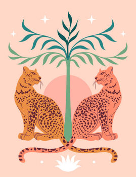 Illustration Cute Leopards, Sun, palm tree. Modern