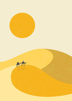 Illustration Desert landscape, camels on dunes illustration