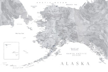 Map Detailed map of Alaska in grayscale watercolor