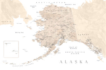 Kartta Detailed map of Alaska in neutral watercolor