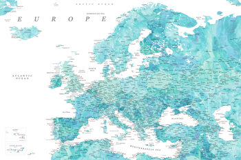 Kartta Detailed map of Europe in aquamarine watercolor