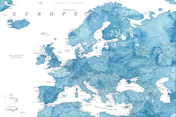 Kartta Detailed map of Europe in blue watercolor