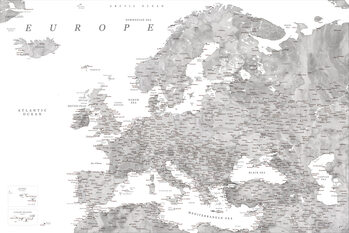 Kartta Detailed map of Europe in gray watercolor