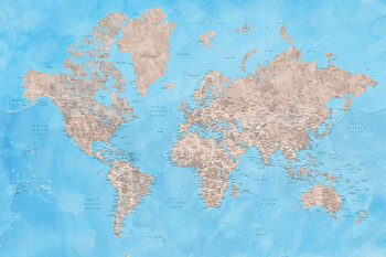 Map Detailed watercolor world map in brown and blue, Bree