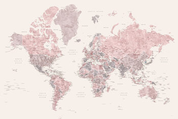 Kartta Detailed watercolor world map in dusty pink and cream, Madelia
