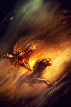 Art Poster fantasy dragon and panther baring their teeth