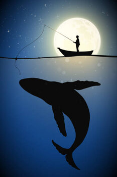 Art Poster Fisherman in boat on moonlight night