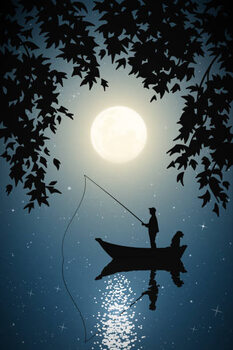 Art Poster Fisherman in boat with dog on moonlight night