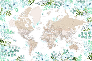 Map Floral bohemian world map with cities, Leanne