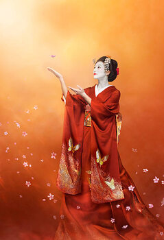 Impressão de arte Geisha in long red kimono catching a cherry blosso