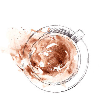 Ilustração Hand drawn cup of cappuccino, top view. Pencil sketch with watercolor stain