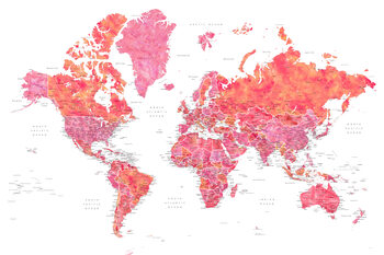 Kartta Hot pink and coral detailed world map with cities, Tatiana