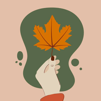 Illustration Human hand holding a maple leaf. Autumn vibes. Vector illustration, flat design