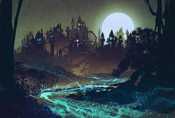 Art Poster landscape with mysterious river,full moon over