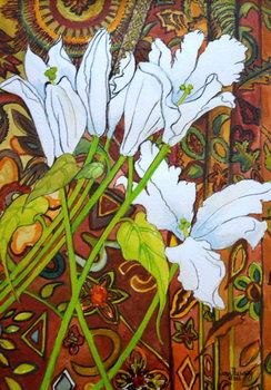 Fine Art Print Lilies against a Patterned Fabric,
