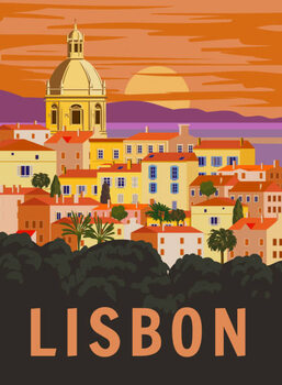 Illustration Lisbon VintageTravel Poster. Portugal cityscape landmark,