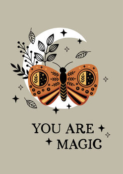 Illustration magic poster with bohemian moth on the moon