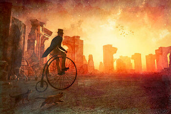 Art Poster Man with retro bicycle riding past ancient ruins