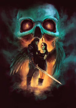 Art Poster man with sword and young woman with wings, fiery glow and skull in background