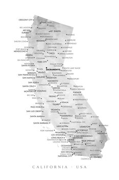 Kartta Map of California in gray watercolor