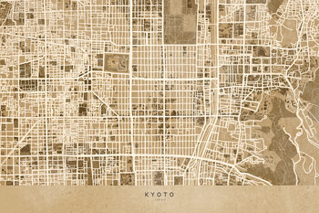 Map Map of Kyoto, Japan, in sepia vintage style