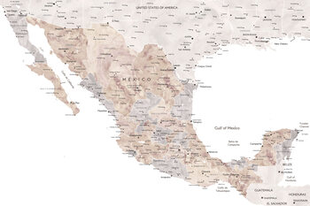 Kartta Map of Mexico in neutral watercolor