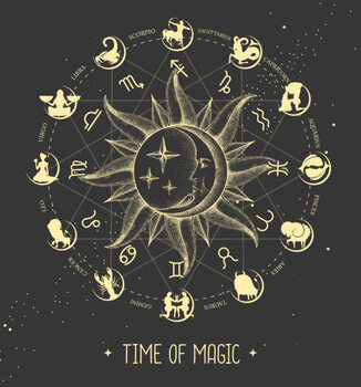 Ilustração Modern magic witchcraft Astrology wheel with