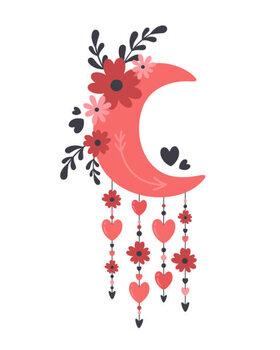 Illustration Moon with flowers, hearts, branches, leaves
