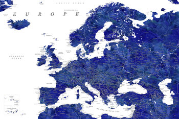 Kartta Navy blue detailed map of Europe in watercolor