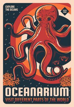 Art Poster Octopus in oceanarium aquarium retro vector banner