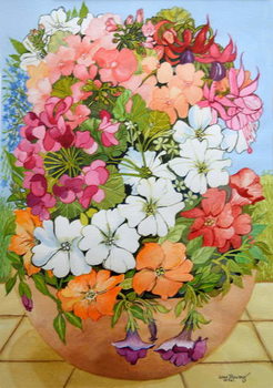 Reprodução do quadro Petunias, Geraniums and Fuchsias in a Terrace Pot, 2005,