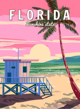 Ilustração Retro Poster Florida South Beach. Lifeguard