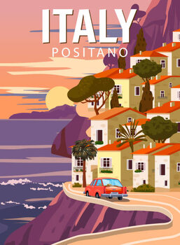 Illustration Retro Poster Italy, mediterranean romantic landscape,
